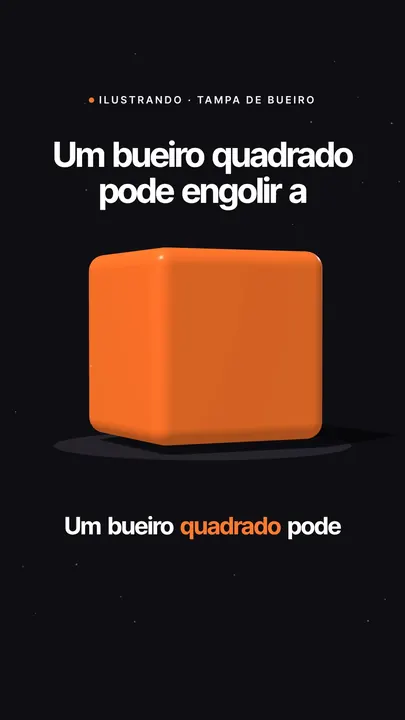 Capa do vídeo sobre a tampa de bueiro, com um cubo laranja em 3D