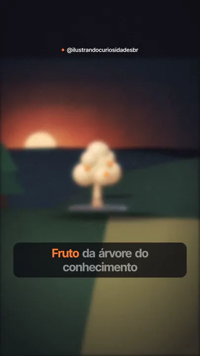 Quadro do vídeo sobre o fruto proibido: árvore 3D num campo ao pôr do sol