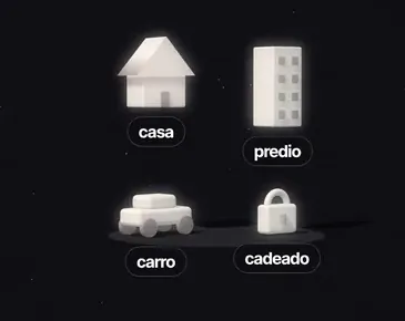 Peças 3D: casa, prédio, carro e cadeado